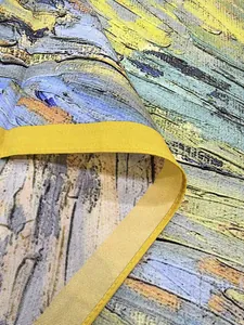 Detail of van Gogh style oil painting print on 90cm scarf with yellow braided edge