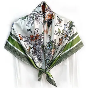 Fashionable 90cm floral and butterfly print silk square scarf in ivory and emerald green