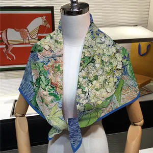 French style 90cm Van Gogh floral oil painting silk scarf on a white mannequin