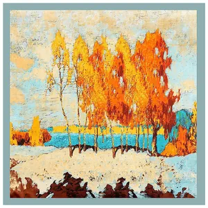 90cm vintage oil painting square scarf with golden birch trees and blue lake pattern