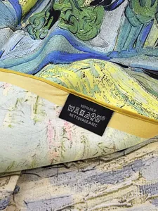 Detail of 100% silk wash label on a Van Gogh oil painting style art scarf