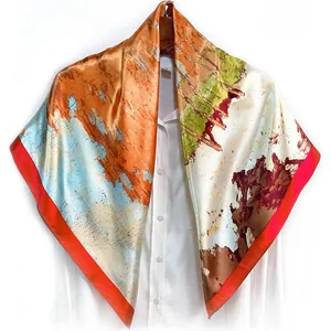 90cm vintage oil painting silk scarf with abstract tree print and bold red borders