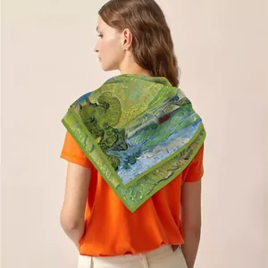 French Van Gogh oil painting landscape silk scarf worn as a stylish fashion shawl