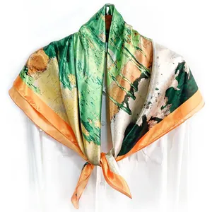 90cm vintage oil painting style silk square scarf with vibrant orange border wrap