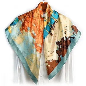 Detail of 90cm silk scarf with oil painting pattern and green satin hem on shirt
