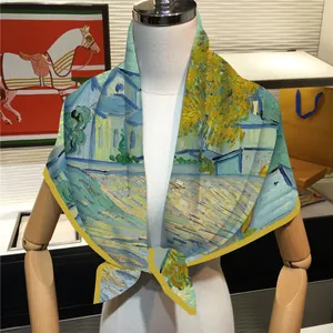 90cm Van Gogh oil painting silk scarf worn by model as a stylish neck wrap and shawl