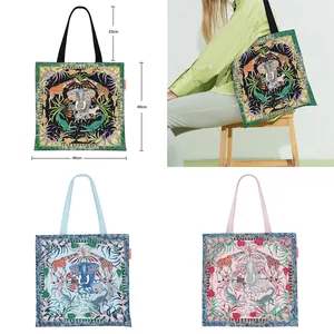 Artistic Jungle Animal Print Canvas Tote Bag For Women Elephant Giraffe Pattern Large Capacity Handbag Shoulder Shopping Bag