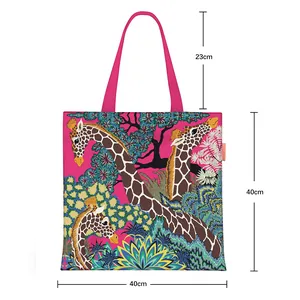Pink canvas tote bag with giraffe print, 40x40cm large capacity shoulder bag for women