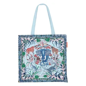Blue canvas tote bag with elephant and giraffe illustration in a high-capacity design