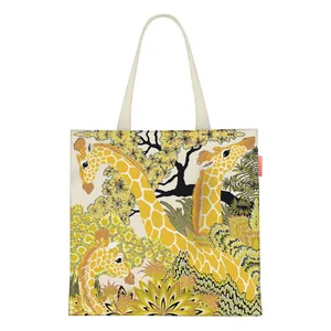 Artistic giraffe print canvas tote bag in cream white with large capacity for women
