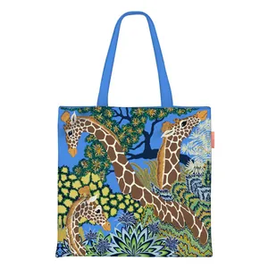 Blue canvas tote bag with artistic giraffe and tropical rainforest flora print