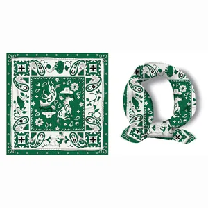 Green and white paisley silk square scarf with horse and cowboy hat prints for women