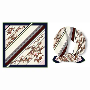 Carré en soie sergé 53cm à motif équestre de course hippique et rayures diagonales