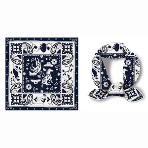 Navy blue horse and paisley print silk scarf with equestrian motifs and western patterns