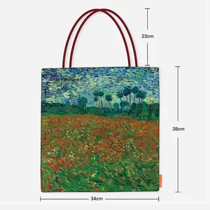 Dimensions détaillées du sac fourre-tout Van Gogh Iris en toile avec anses bordeaux