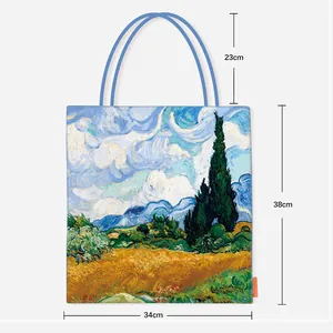 Vue de face du sac cabas en toile Van Gogh avec mesures de taille détaillées