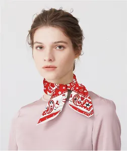 Detail of red and white paisley silk scarf with elephant pattern tied around neck