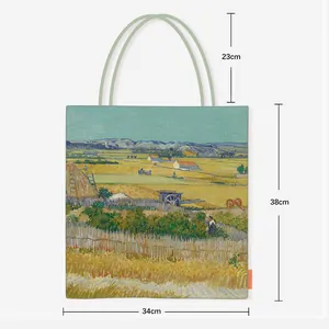 Dimensions du sac Van Gogh montrant une taille de 38x34 cm et une anse de 23 cm