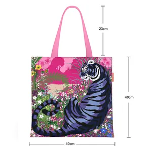 Bolso tote de lona con estampado de tigre y flores tropicales rosadas 40x40 cm