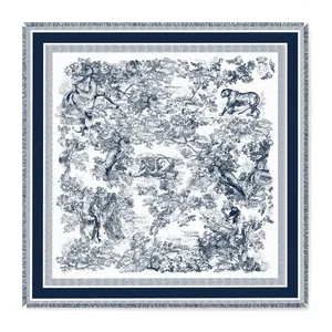 Deep blue Toile de Jouy velvet square shawl with wild animal prints and fringe edges