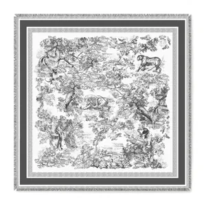 Toile de Jouy gray velvet square shawl with fringe featuring monkeys and leopards
