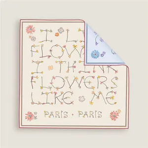 Double-sided floral silk scarf with Paris lettering and handcrafted red rolled edges