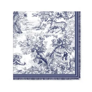 Detail of navy blue Toile de Jouy silk scarf with animal print and fringe edges