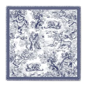 Blue and white floral animal pattern silk shawl scarf with fringed edges for women