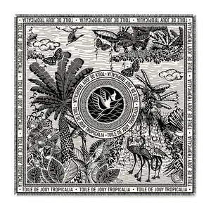 Black and white Toile de Jouy tropical square scarf with palm trees and fringed edges