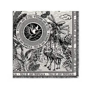 Tropical rainforest Toile de Jouy velvet square scarf with fringe trim and flamingo pattern