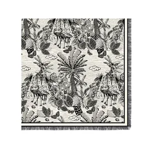 French Toile de Jouy velvet square shawl with tropical forest patterns and fringe edge