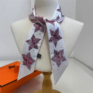 Star ribbon faux silk scarf with butterfly floral print on white elegant neckerchief