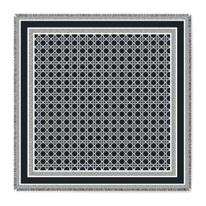 French style navy blue square scarf with geometric patterns and white fringe edge