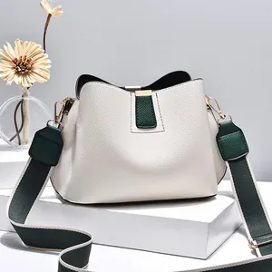 Women Litchi Pattern PU Leather Bucket Bag Wide Fabric Strap Multi-Pocket Crossbody Shoulder Bag Commuter Handbag Elegant
