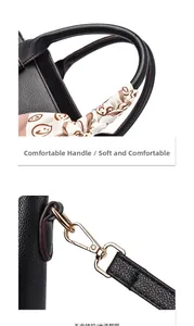 Detail of black lychee leather handbag with silk scarf handle and gold metal hardware