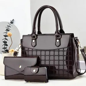 Deep wine red patent leather handbag set with square embossed texture and gold hardware