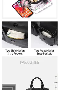 Detail view of large leather tote bag showing four snap pockets and internal capacity