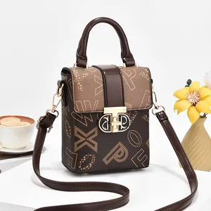 Women Vintage PU Leather Mobile Phone Bag Letter Print Woven Texture Small Crossbody Bag With Metal Lock Handbag For Travel Casual
