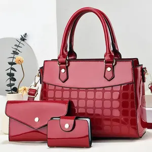 Three-piece set of wine red patent leather handbags with stylish square embossed texture