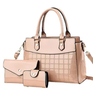 3-piece women's handbag set in nude pink patent leather with square embossed pattern