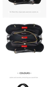 Vista dettagliata degli scomparti interni multistrato di questa grande borsa in pelle nera