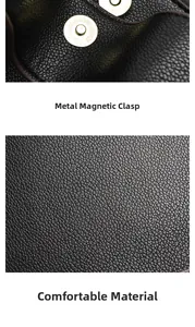 Detail of gold magnetic buckle and textured lychee leather on a black handbag