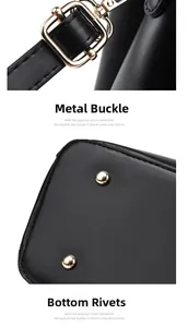 Dettagli di fibbie metalliche dorate e rivetti protettivi su borsa in pelle nera