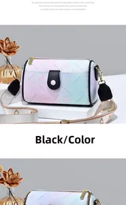 Détails du sac bandoulière cylindrique dégradé rose et bleu avec motif floral et sangle