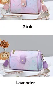 Détail des sacs cylindriques à fleurs roses et dégradé violet avec bandoulière