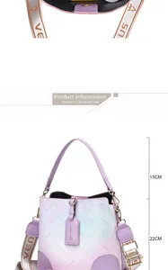 Detail view of rainbow gradient bucket bag with sakura pattern and Venus wide strap