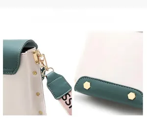 Detailed shot of polished gold-tone hardware and buckle on minimalist crossbody bag