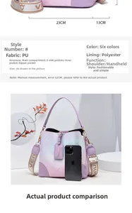 Detailed view of rainbow gradient handbag with flower patterns and dimensions 23cm wide