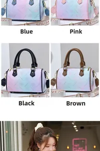 Detail of four color options and patterned strap for Boston style gradient floral handbag