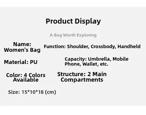 Detailed size and capacity chart for mini PU crossbody bag showing dimensions 15x18x7cm